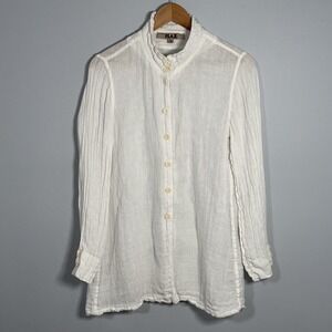 FLAX Shirt Womens Small White 100% Linen‎ Button Front Long Sleeve Ruffle Collar